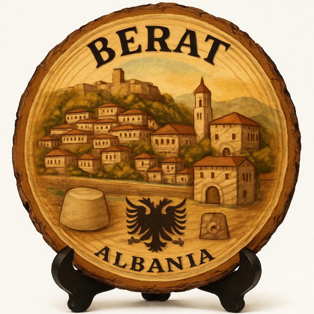 Berat Souvenir Gift – Wood Slice Plaque for Wall or Table, Albania (Shqipëri) Souvenir Gift for Tourists, Plate Collectors & Travel Lovers, Historic Cityscape Decorative Gift