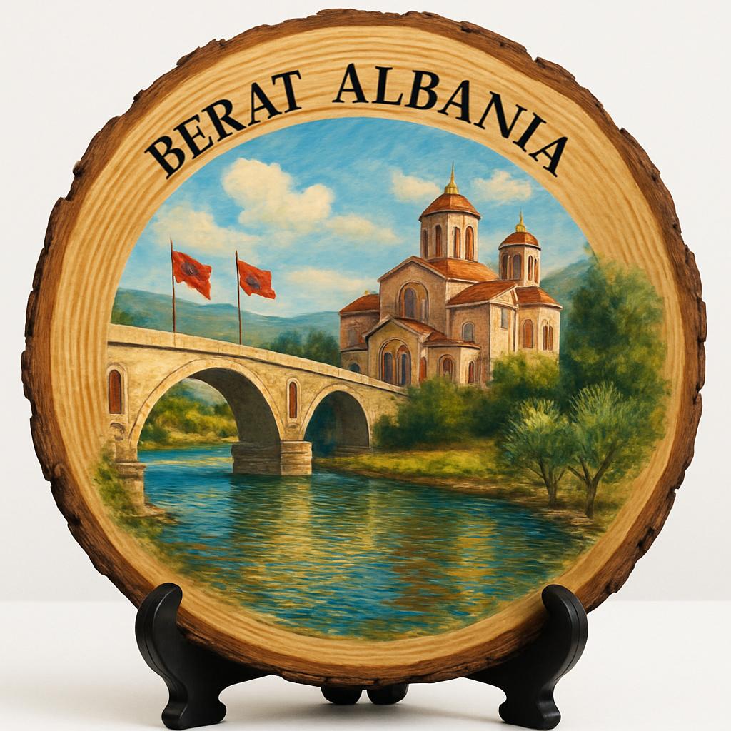 Berat Souvenir Gift – Wood Slice Plaque for Wall or Table, Albania (Shqipëri) Souvenir Gift for Tourists, Plate Collectors & Travel Lovers, Ottoman Architecture Decorative Gift