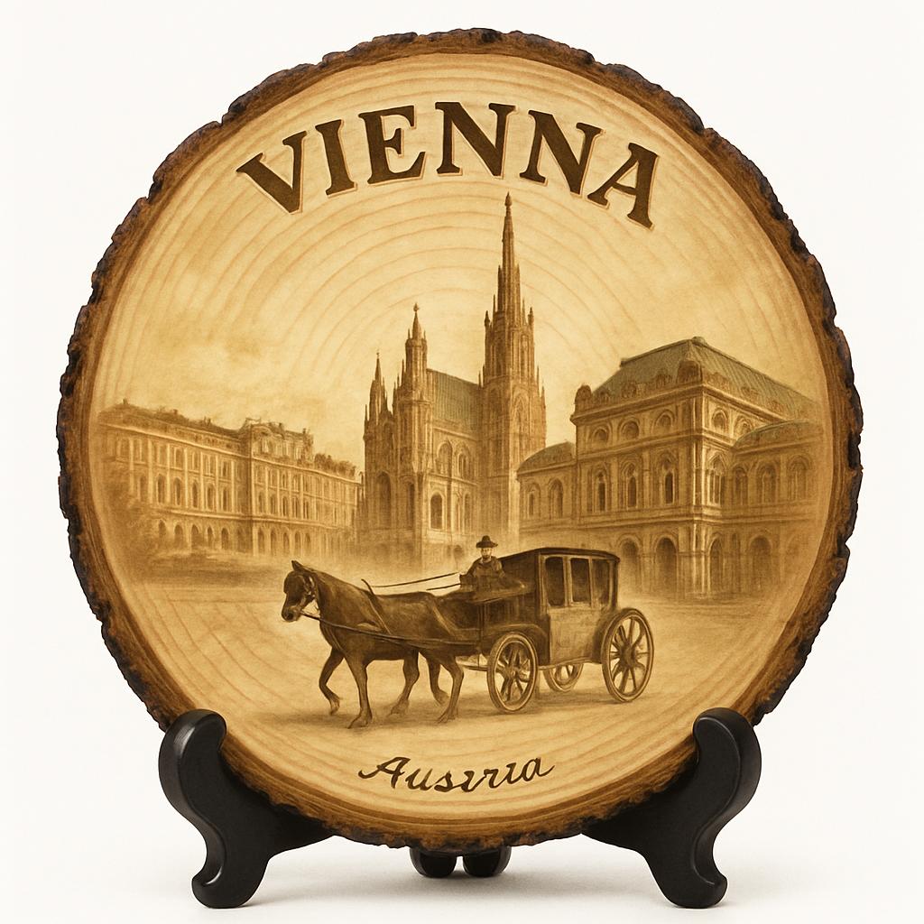 Vienna Austria Decorative Souvenir – Handcrafted Wooden Slice Plaque, Austria Gift for Travelers, Plate Collectors & Cultural Décor Fans
