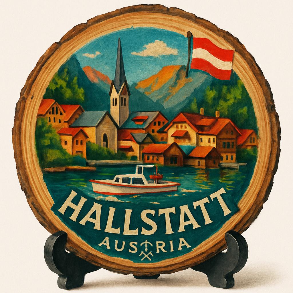 Hallstatt Austria Travel Souvenir – Decorative Wooden Slice Plate for Display, Austria Keepsake for Collectors, Tourists & Home Décor Enthusiasts