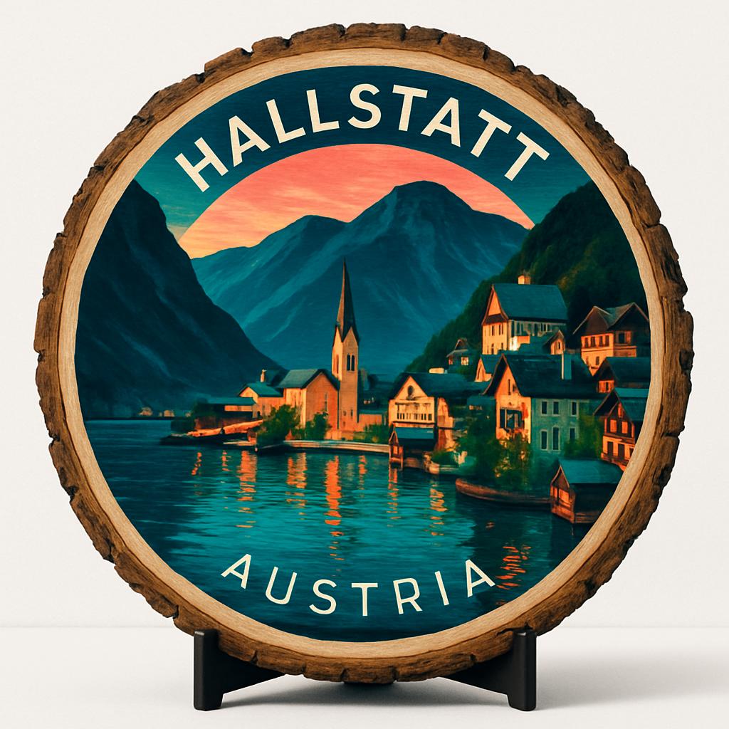 Hallstatt Austria Decorative Souvenir – Handcrafted Wooden Slice Plaque, Austria Gift for Travelers, Plate Collectors & Cultural Décor Fans