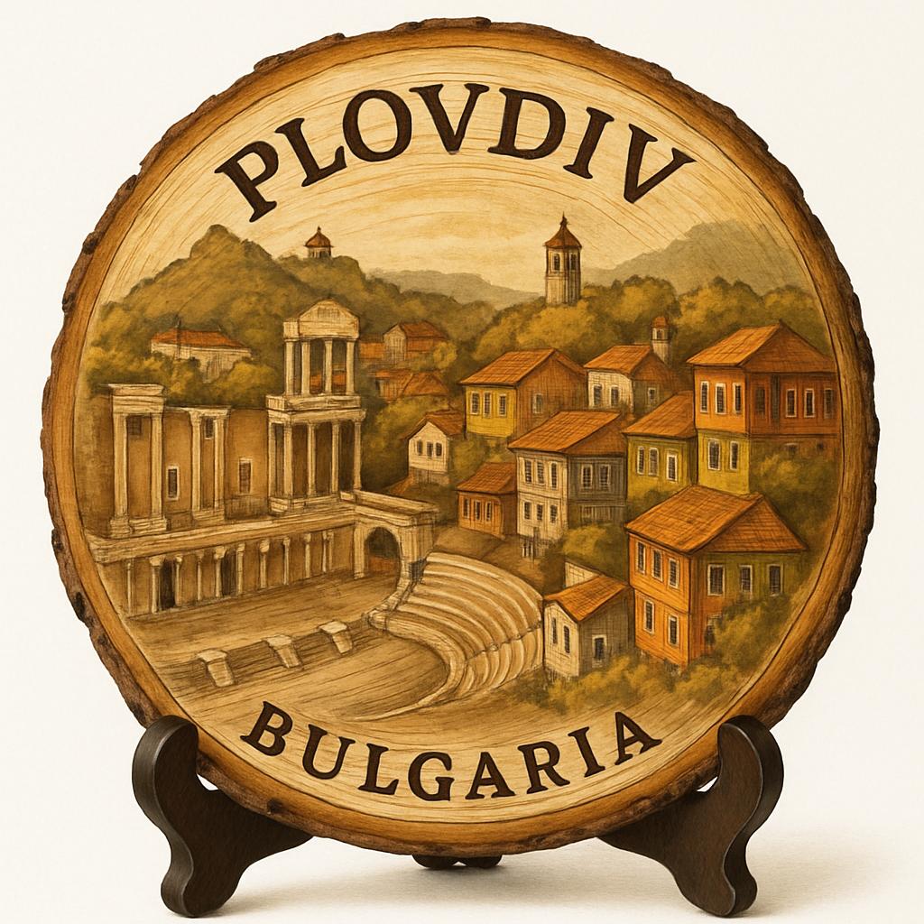 Plovdiv Souvenir Gift – Wood Slice Plaque for Wall or Table, Bulgaria (България) Souvenir Gift for Tourists, Plate Collectors & Travel Lovers, Ancient History Decorative Gift