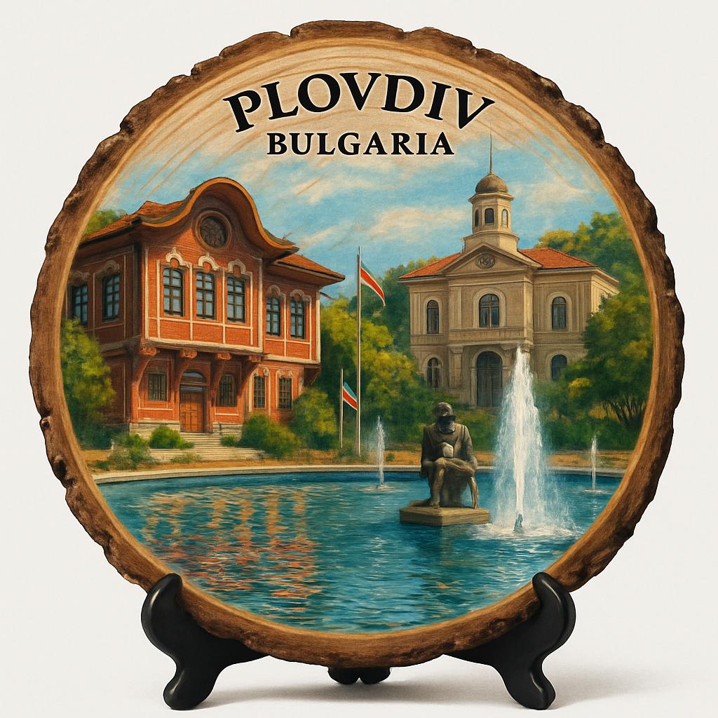Plovdiv Souvenir Gift – Wood Slice Plaque for Wall or Table, Bulgaria (България) Souvenir Gift for Tourists, Plate Collectors & Travel Lovers, Vibrant Cultural Scene Decorative Gift