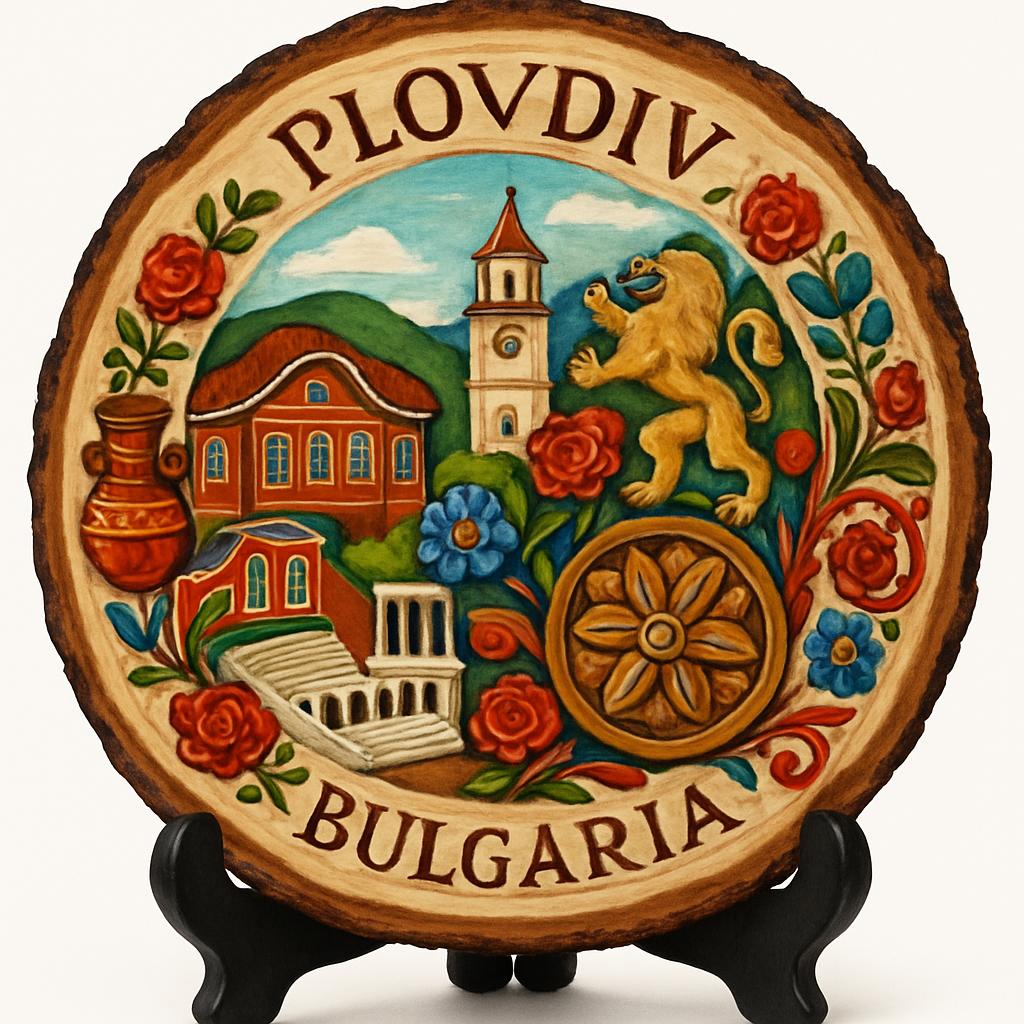 Plovdiv Souvenir Gift – Wood Slice Plaque for Wall or Table, Bulgaria (България) Souvenir Gift for Tourists, Plate Collectors & Travel Lovers, Thracian Heritage Decorative Gift