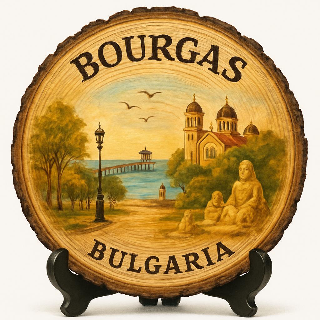 Bourgas Souvenir Gift – Wood Slice Plaque for Wall or Table, Bulgaria (България) Souvenir Gift for Tourists, Plate Collectors & Travel Lovers, Coastal Escape Decorative Gift
