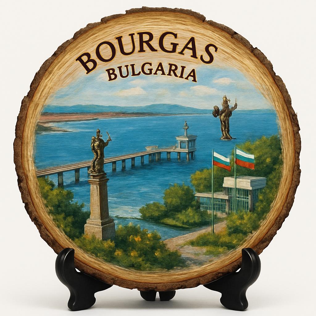 Bourgas Souvenir Gift – Wood Slice Plaque for Wall or Table, Bulgaria (България) Souvenir Gift for Tourists, Plate Collectors & Travel Lovers, Seaside Charm Decorative Gift
