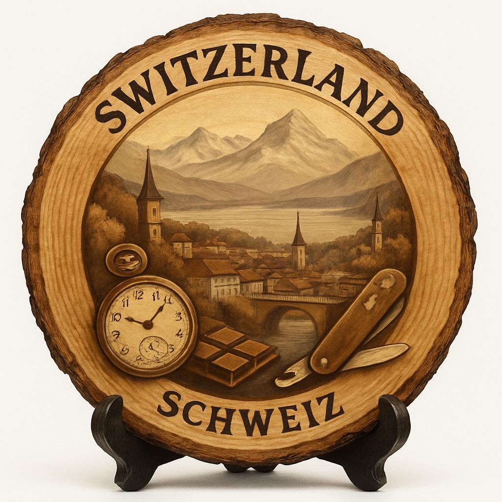 Switzerland Souvenir Gift – Wood Slice Plaque for Wall or Table, Switzerland (Schweiz) Souvenir Gift for Tourists, Alpine Beauty Decorative Gift