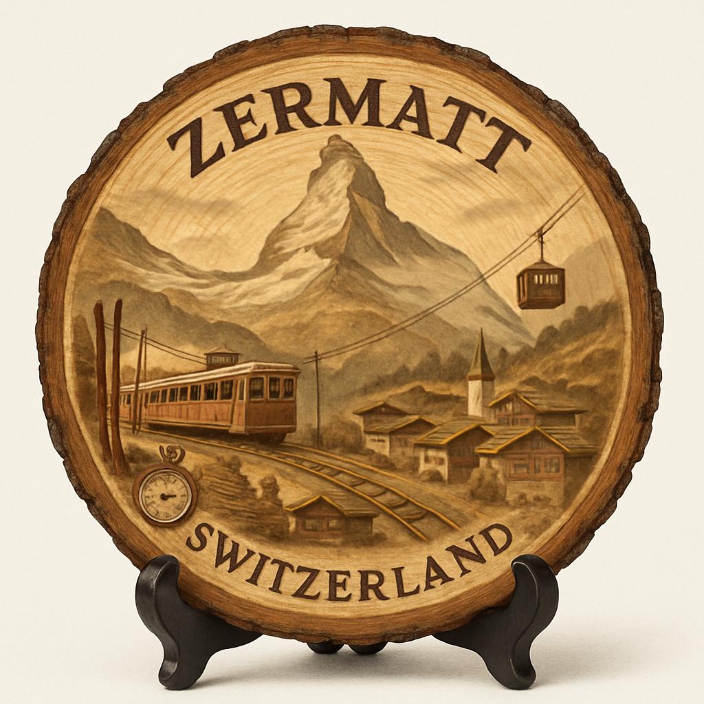 Zermatt Souvenir Gift – Wood Slice Plaque for Wall or Table, Switzerland (Schweiz) Souvenir Gift for Tourists, Majestic Matterhorn Decorative Gift