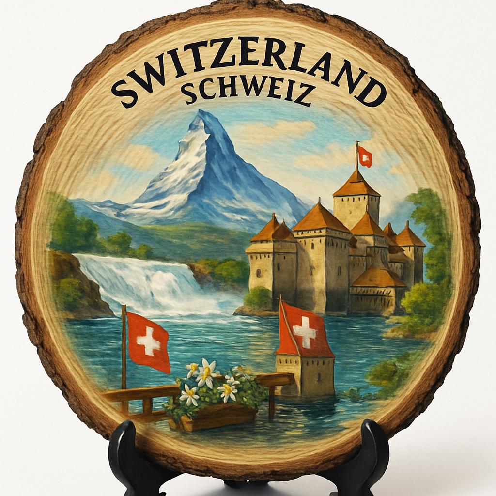 Switzerland Souvenir Gift – Wood Slice Plaque for Wall or Table, Switzerland (Schweiz) Souvenir Gift for Tourists, Breathtaking Alpine Landscapes Decorative Gift