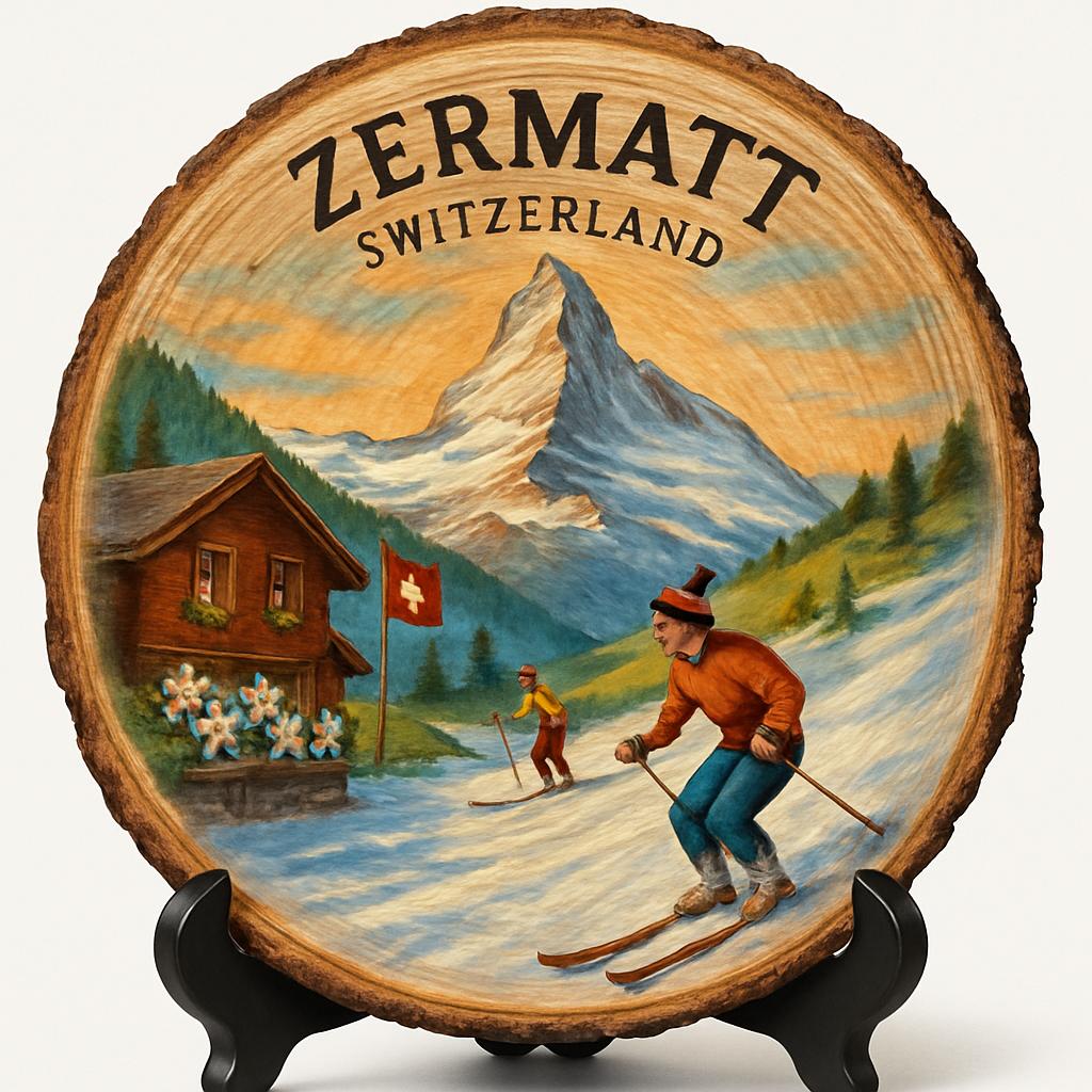 Switzerland Souvenir Gift – Wood Slice Plaque for Wall or Table, Switzerland (Schweiz) Souvenir Gift for Tourists, Scenic Alpine Villages Decorative Gift