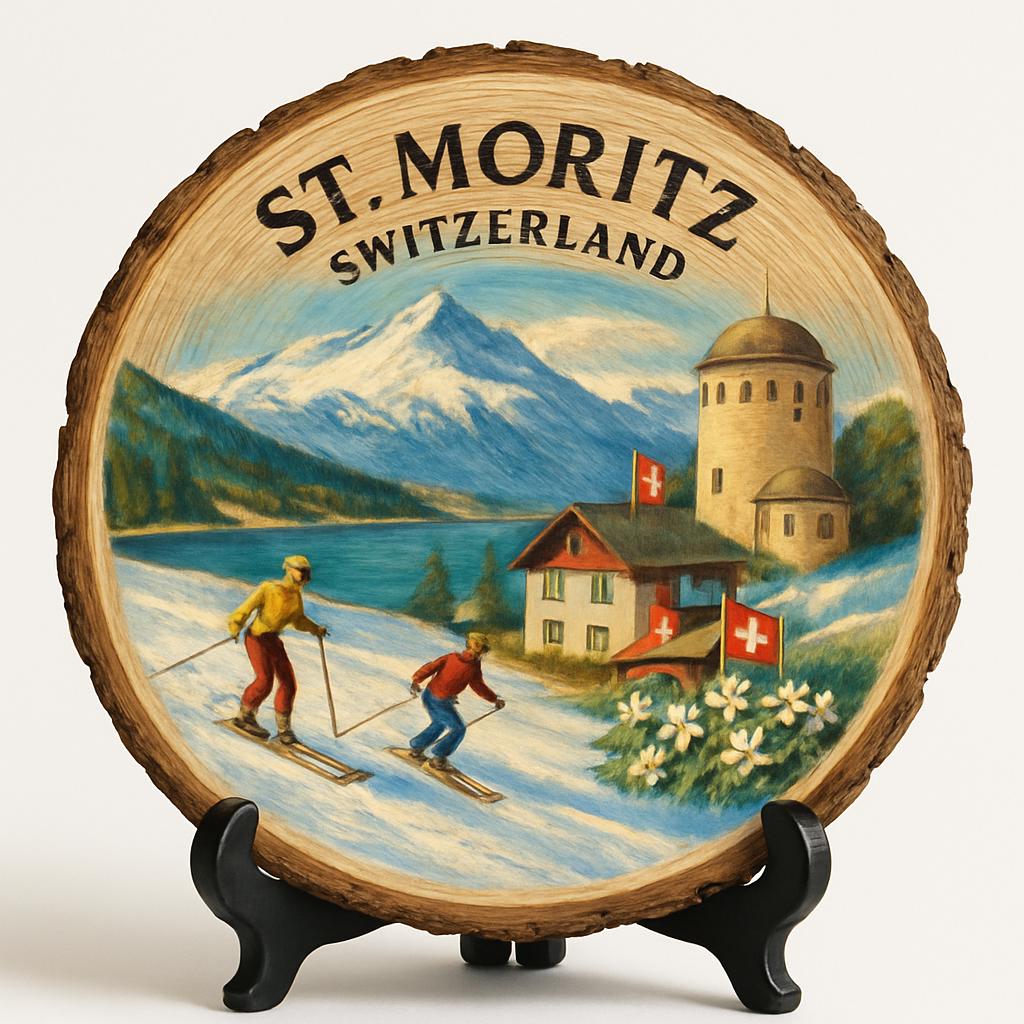 St.Moritz Souvenir Gift – Wood Slice Plaque for Wall or Table, Switzerland (Schweiz) Souvenir Gift for Tourists, Elegant Alpine Retreat Decorative Gift