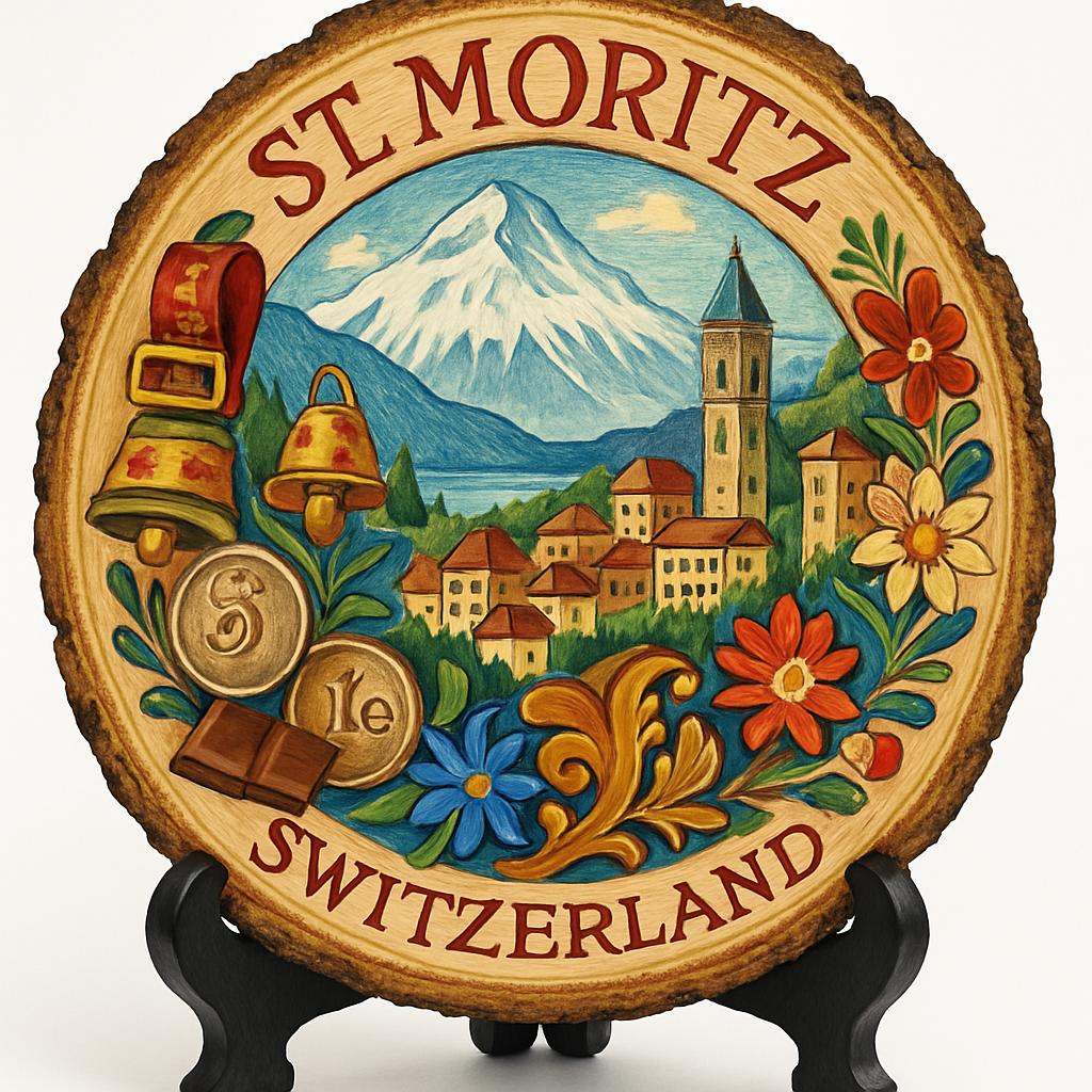 St.Moritz Souvenir Gift – Wood Slice Plaque for Wall or Table, Switzerland (Schweiz) Souvenir Gift for Tourists, Majestic Alpine Scenery Decorative Gift