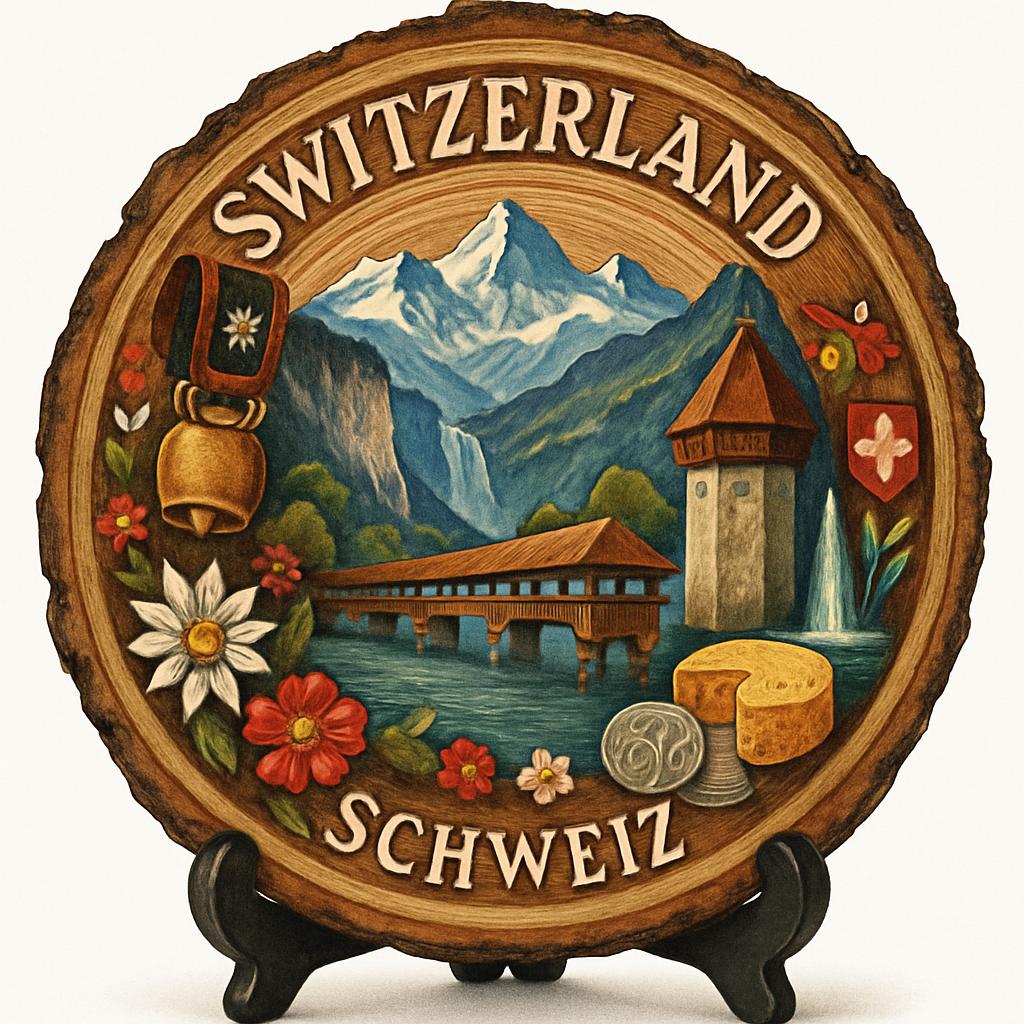 Switzerland Souvenir Gift – Wood Slice Plaque for Wall or Table, Switzerland (Schweiz) Souvenir Gift for Tourists, Majestic Alpine Adventures Decorative Gift