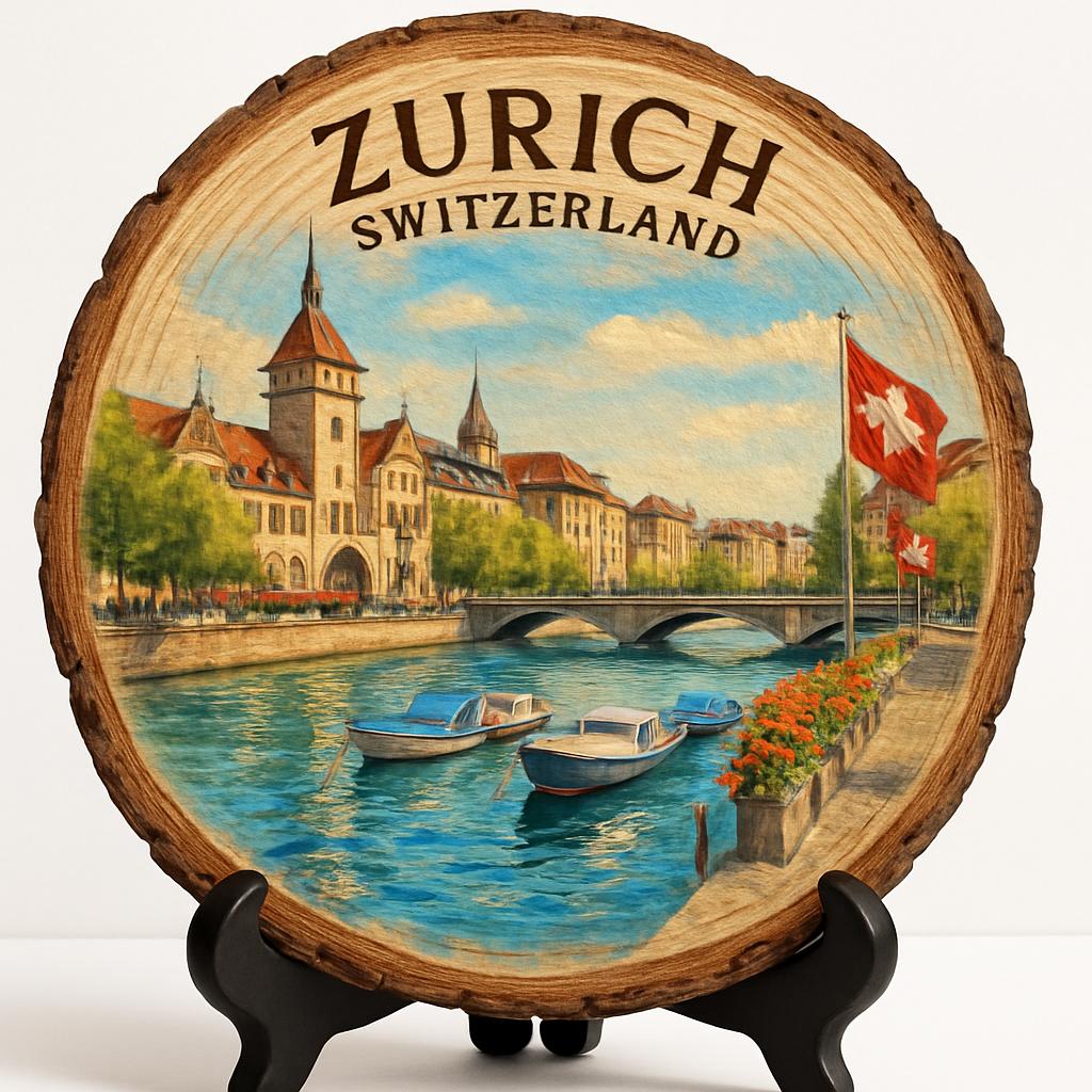 Zurich Souvenir Gift – Wood Slice Plaque for Wall or Table, Switzerland (Schweiz) Souvenir Gift for Tourists, Picturesque Cityscape Decorative Gift