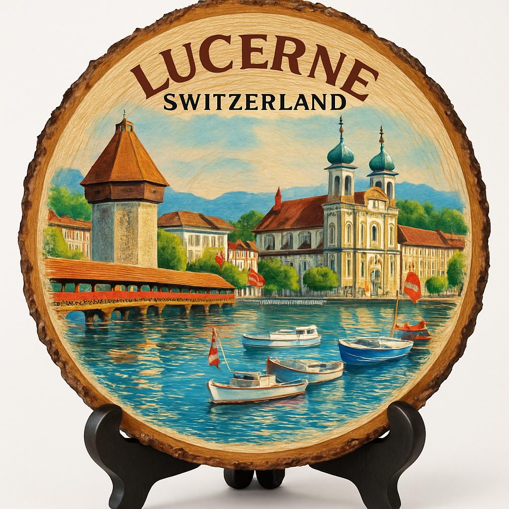 Lucerne Souvenir Gift – Wood Slice Plaque for Wall or Table, Switzerland (Schweiz) Souvenir Gift for Tourists, Charming Old Town Experience Decorative Gift