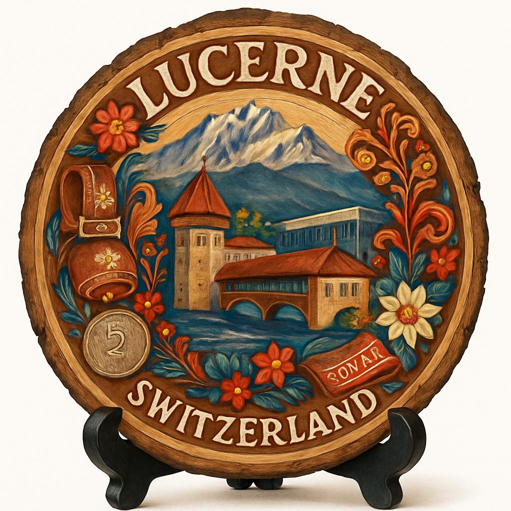 Lucerne Souvenir Gift – Wood Slice Plaque for Wall or Table, Switzerland (Schweiz) Souvenir Gift for Tourists, Majestic Mountain Reflections Decorative Gift