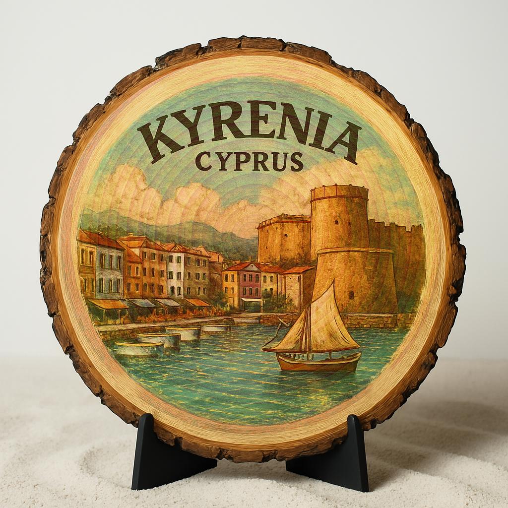 Kyrenia Cyprus Souvenir Gift – Wood Slice Plaque for Wall or Table, Vintage Rustic City Art Design for Tourists, Plate Collectors & Travel Lovers, Cypriot Decorative Gift