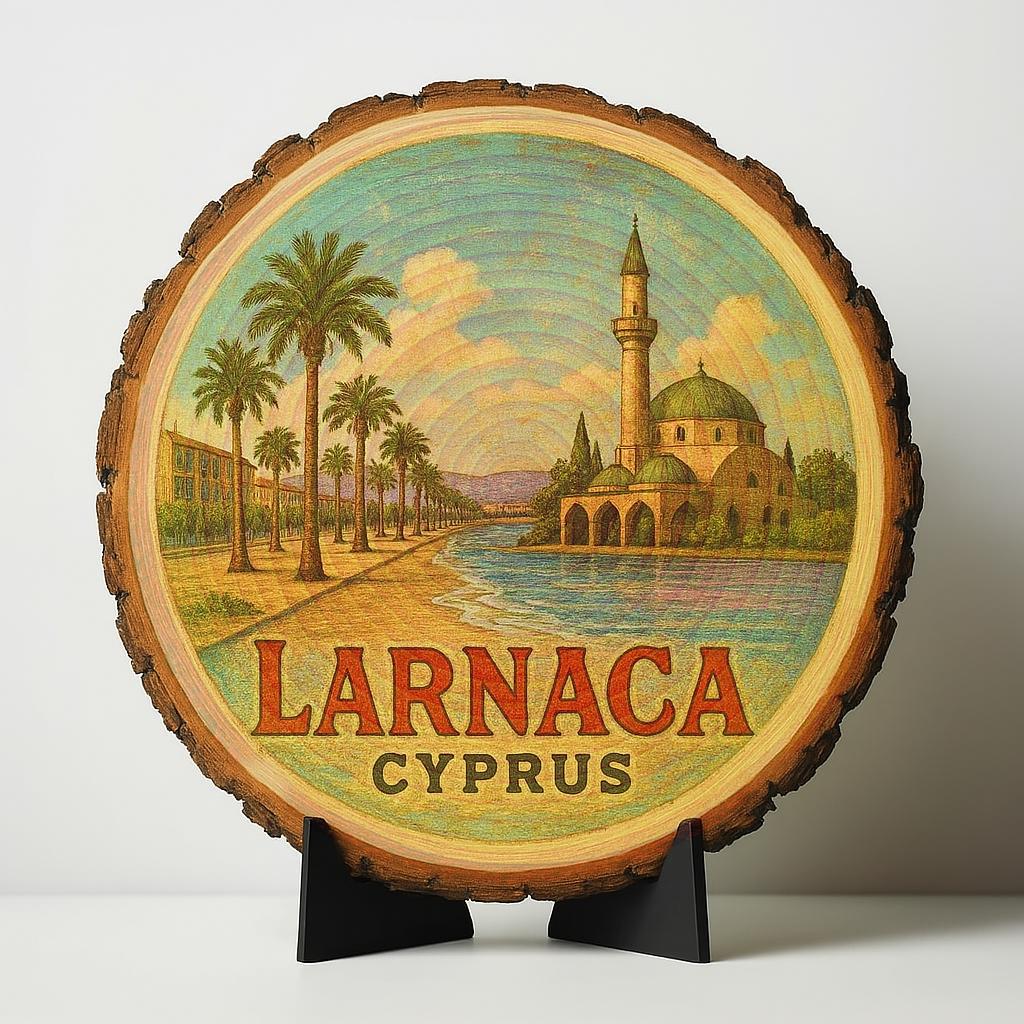 Larnaca Cyprus Souvenir Gift – Wood Slice Plaque for Wall or Table, Vintage Coastal Scene for Tourists, Plate Collectors & Travel Lovers, Cypriot Decorative Gift
