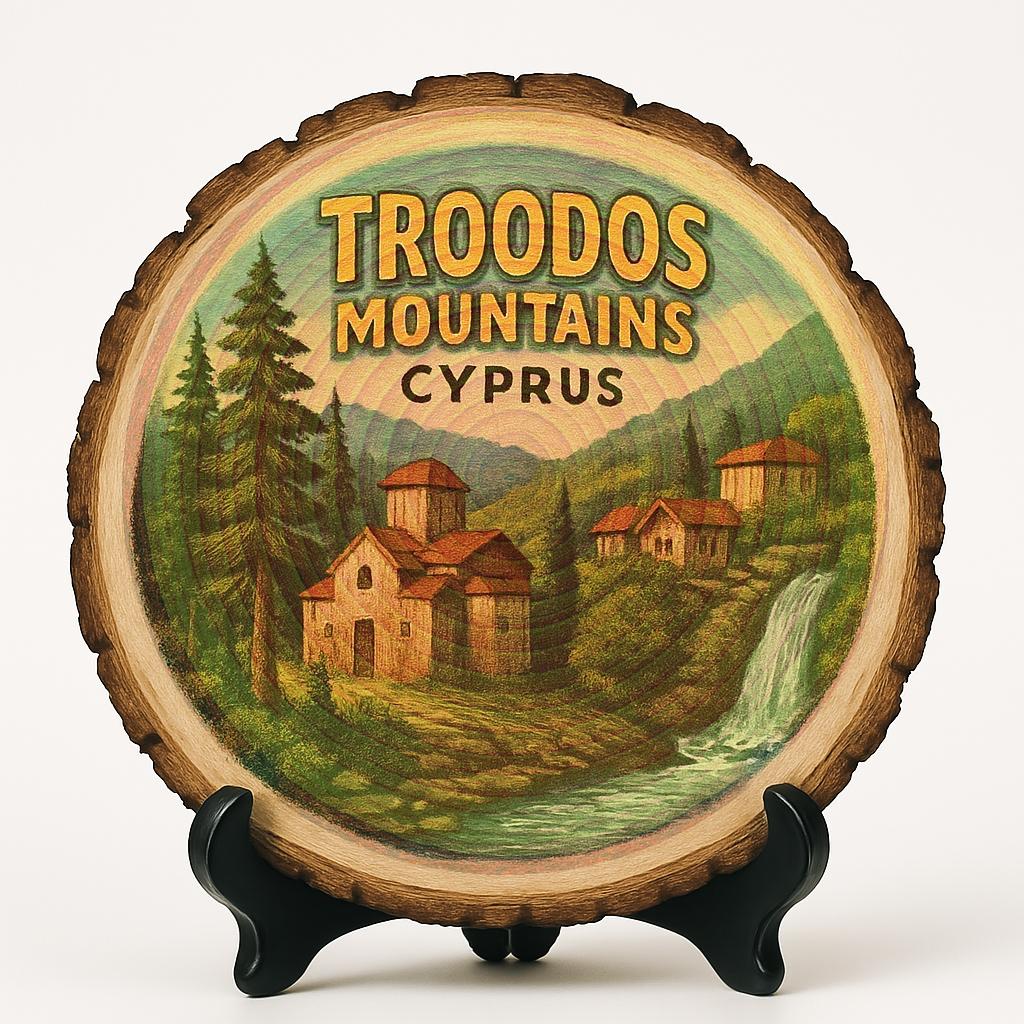Troodos Mountains Cyprus Souvenir Gift – Wood Slice Plaque for Wall or Table, Vintage Rustic Mountain Artwork for Tourists, Plate Collectors & Travel Lovers, Cypriot Decorative Gift