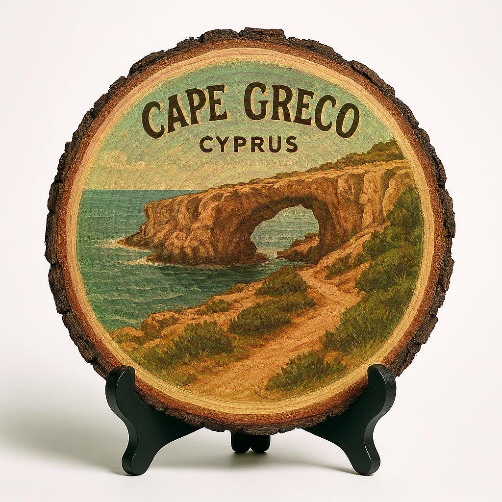 Cape Greco Cyprus Souvenir Gift – Wood Slice Plaque for Wall or Table, Vintage Coastal Cliff Design for Tourists, Plate Collectors & Travel Lovers, Mediterranean Decorative Gift