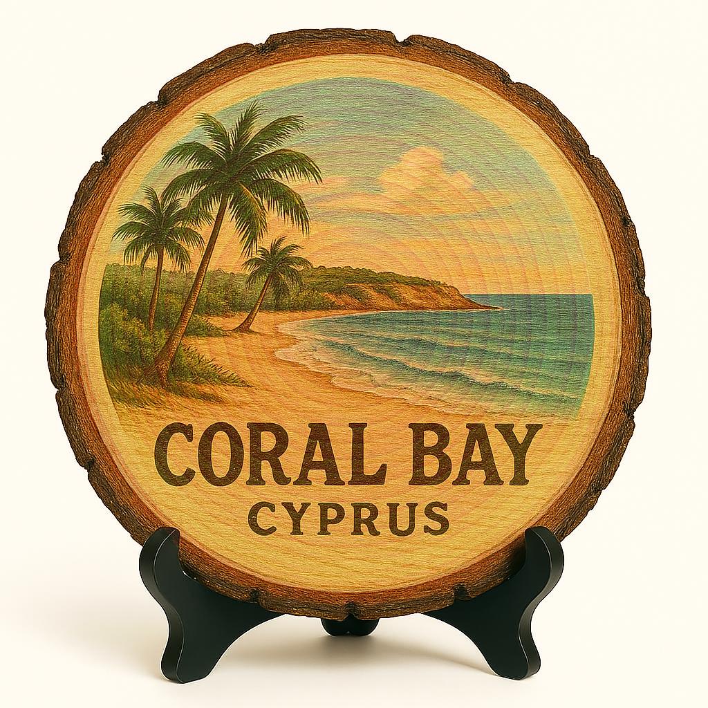 Coral Bay Cyprus Souvenir Gift – Wood Slice Plaque for Wall or Table, Vintage Beach Scene for Tourists, Plate Collectors & Travel Lovers, Coastal Decorative Gift