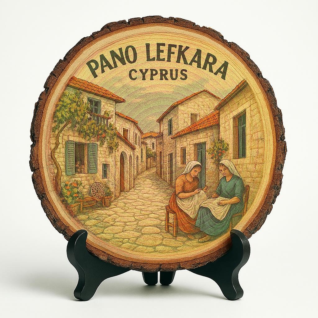 Pano Lefkara Cyprus Souvenir Gift – Wood Slice Plaque for Wall or Table, Vintage Rustic Village Art Design for Tourists, Plate Collectors & Travel Lovers, Cypriot Decorative Gift