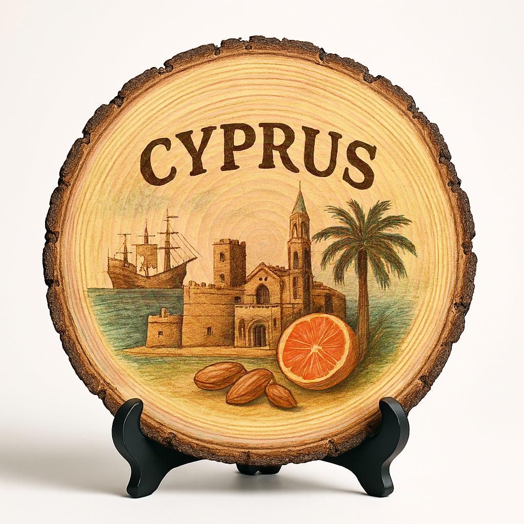 Cyprus Souvenir Gift – Island-Themed Wood Slice Plaque for Wall or Table, Vintage Coastal Scene for Tourists, Plate Collectors & Travel Lovers, Mediterranean Decorative Gift