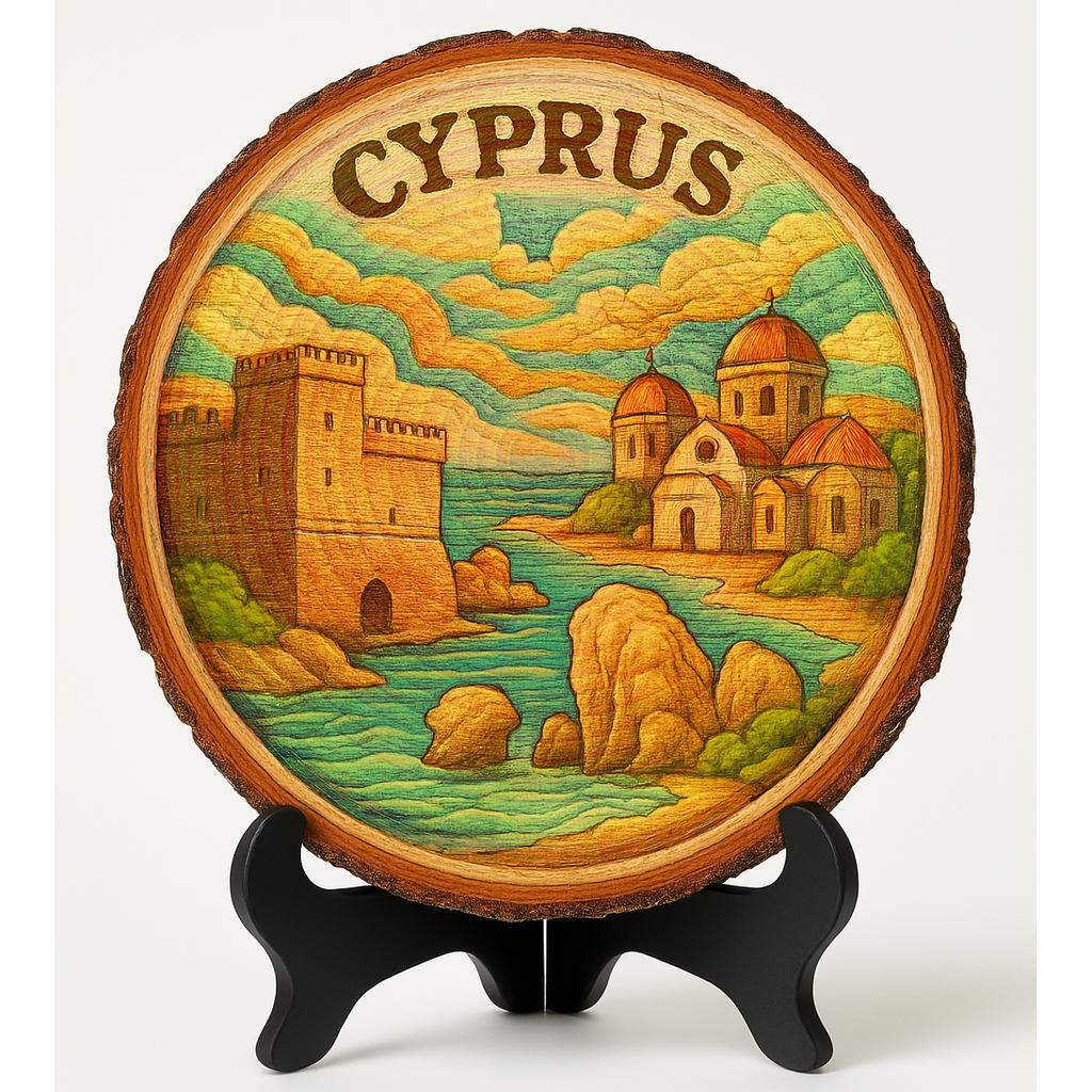 Traditional Cyprus Souvenir Gift – Rustic Wood Slice Plaque for Wall or Table, Vintage Island Illustration for Tourists, Plate Collectors & Travel Lovers, Cypriot Decorative Gift
