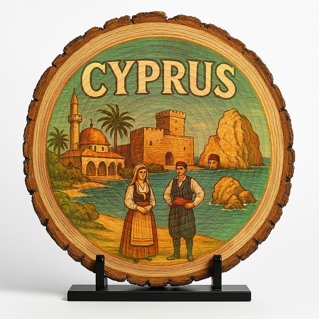 Scenic Cyprus Souvenir Gift – Wood Slice Plaque for Wall or Table, Vintage Mediterranean Artwork for Tourists, Plate Collectors & Travel Lovers, Cypriot Keepsake Gift