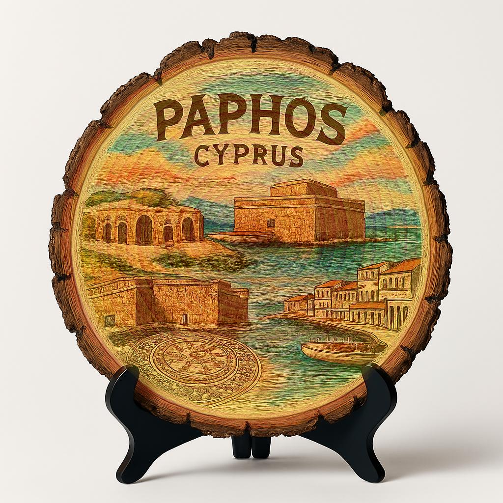 Paphos Cyprus Souvenir Gift – Wood Slice Plaque for Wall or Table, Vintage Rustic City Scene for Tourists, Plate Collectors & Travel Lovers, Cypriot Decorative Gift