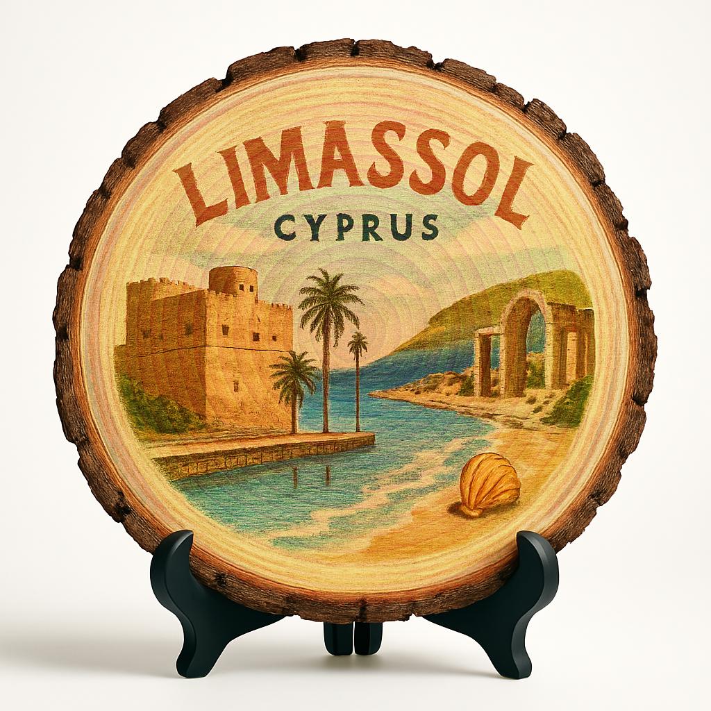 Limassol Cyprus Souvenir Gift – Wood Slice Plaque for Wall or Table, Vintage Rustic City Illustration for Tourists, Plate Collectors & Travel Lovers, Cypriot Decorative Gift