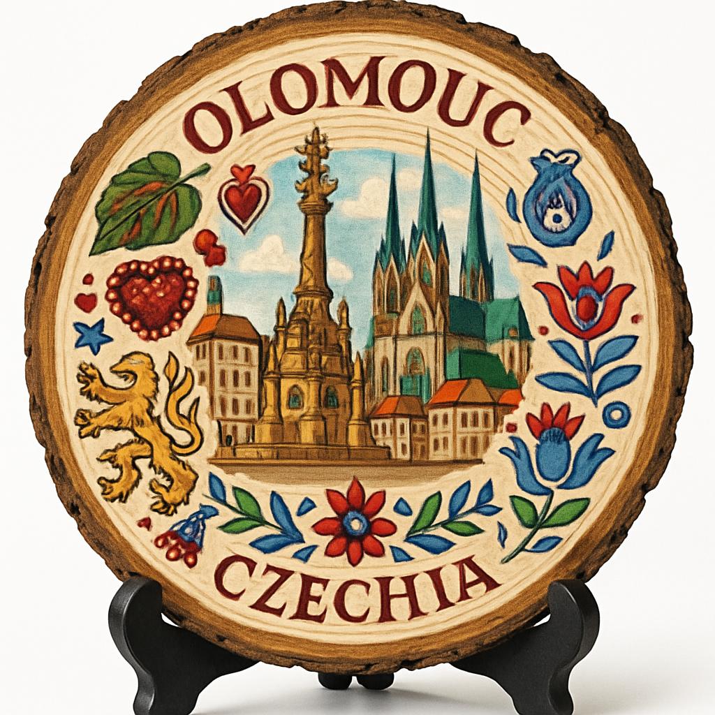 Olomouc Souvenir Gift – Wood Slice Plaque for Wall or Table, Czechia Souvenir for Tourists, Plate Collectors & Travel Lovers, Saint Wenceslas Cathedral Decorative Gift