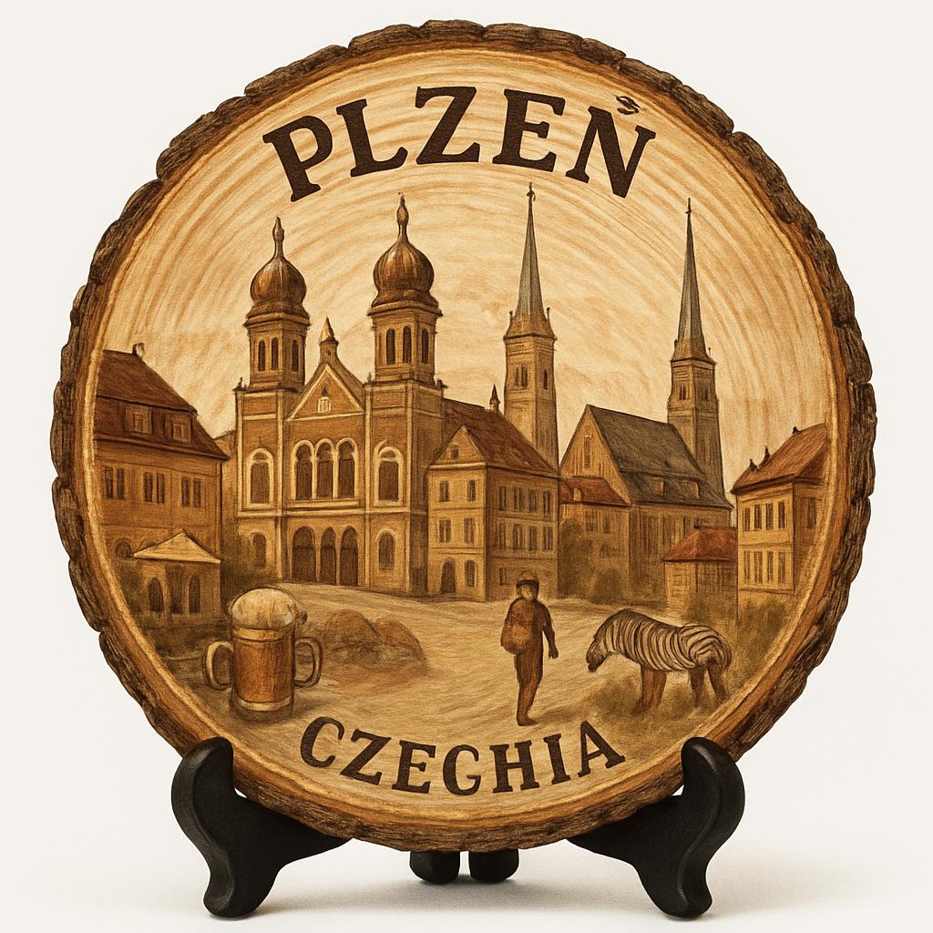 Plzeň Souvenir Gift – Wood Slice Plaque for Wall or Table, Czechia Souvenir for Tourists, Plate Collectors & Travel Lovers, Pilsner Urquell Brewery Decorative Gift