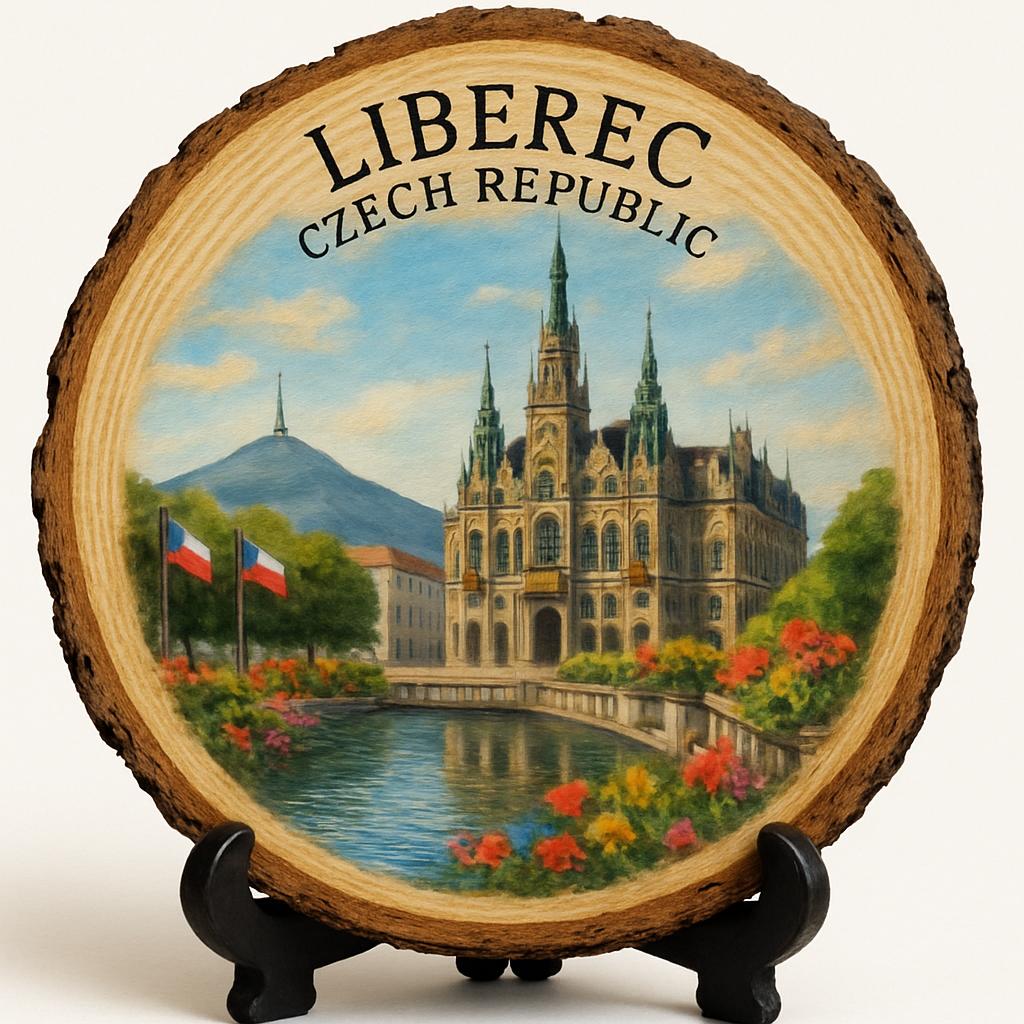 Liberec Souvenir Gift – Wood Slice Plaque for Wall or Table, Czechia Souvenir for Tourists, Plate Collectors & Travel Lovers, Jested Tower Decorative Gift