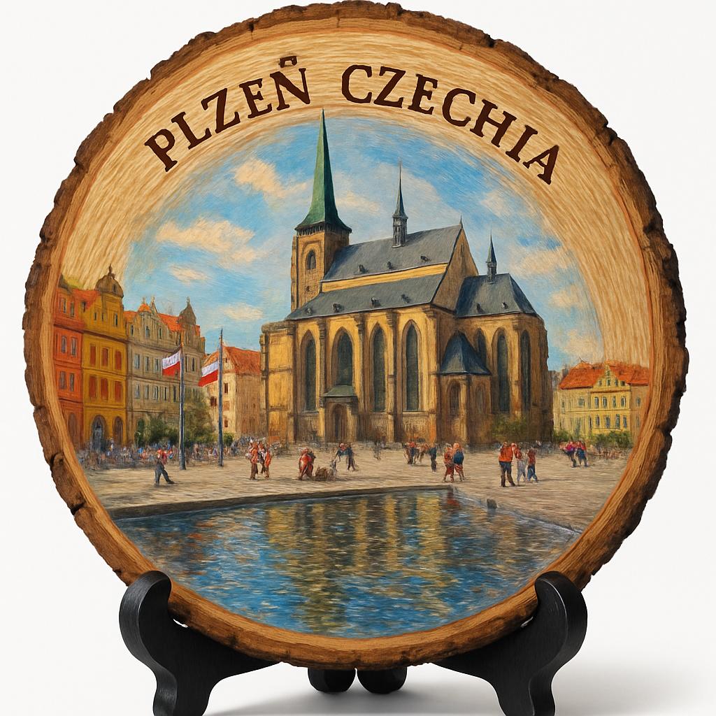 Plzeň Souvenir Gift – Wood Slice Plaque for Wall or Table, Czechia Souvenir for Tourists, Plate Collectors & Travel Lovers, Great Synagogue Decorative Gift