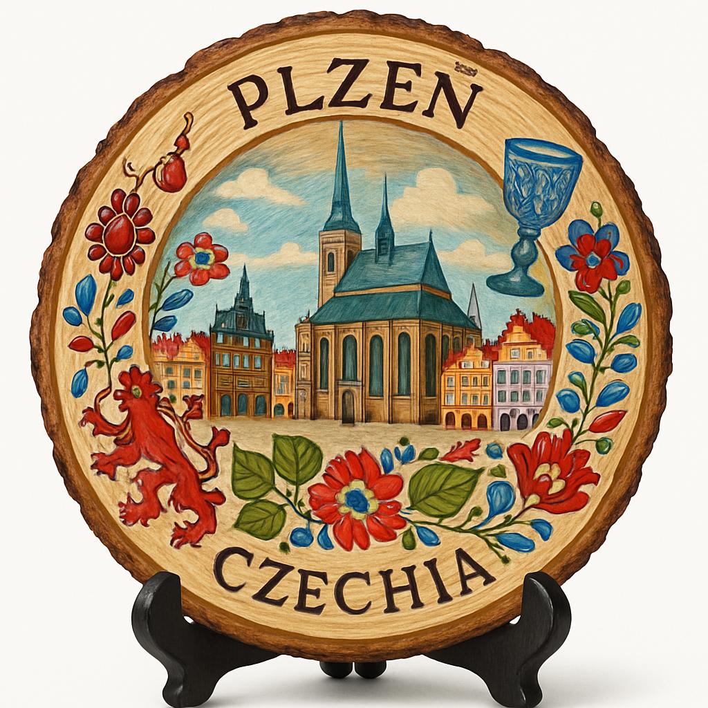 Plzeň Souvenir Gift – Wood Slice Plaque for Wall or Table, Czechia Souvenir for Tourists, Plate Collectors & Travel Lovers, Republic Square Decorative Gift