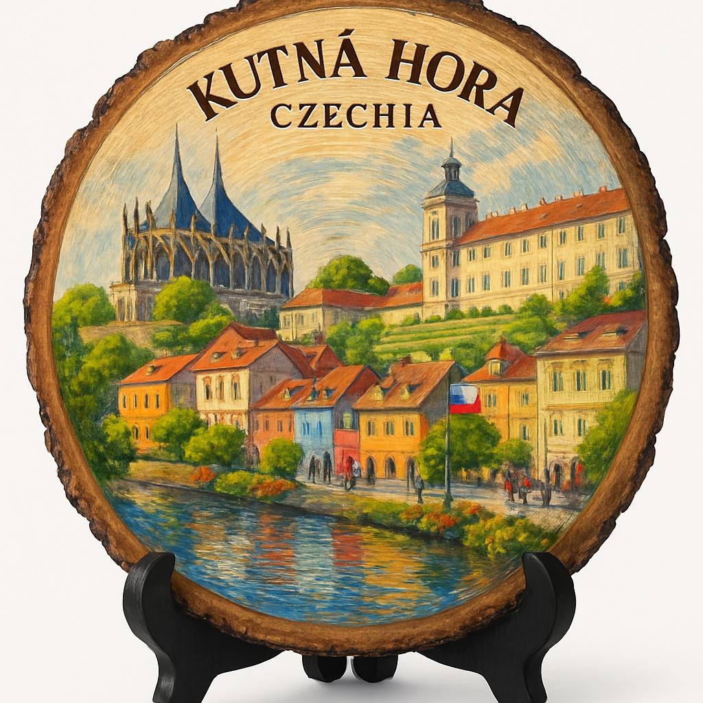 Kutná Hora Souvenir Gift – Wood Slice Plaque for Wall or Table, Czechia Souvenir for Tourists, Plate Collectors & Travel Lovers, Saint Barbara's Church Decorative Gift