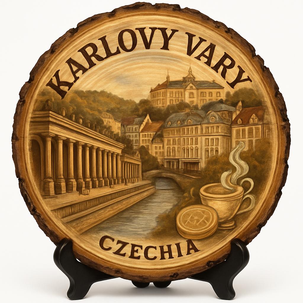Karlovy Vary Souvenir Gift – Wood Slice Plaque for Wall or Table, Czechia Souvenir for Tourists, Plate Collectors & Travel Lovers, Thermal Springs Decorative Gift