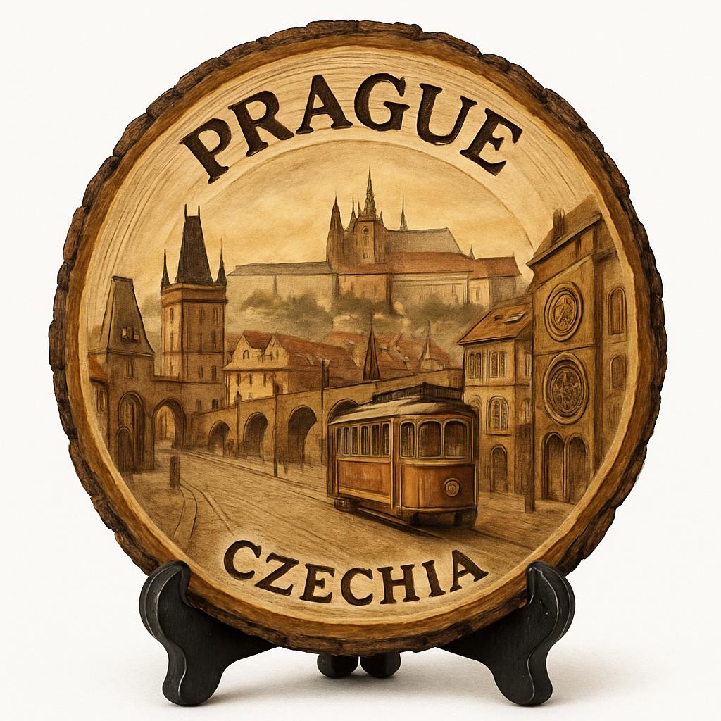 Prague Souvenir Gift – Wood Slice Plaque for Wall or Table, Czechia Souvenir for Tourists, Plate Collectors & Travel Lovers, Charles Bridge Decorative Gift