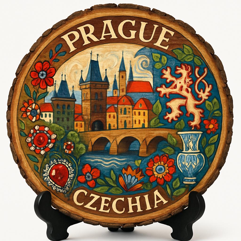 Prague Souvenir Gift – Wood Slice Plaque for Wall or Table, Czechia Souvenir for Tourists, Plate Collectors & Travel Lovers, Old Town Square Decorative Gift