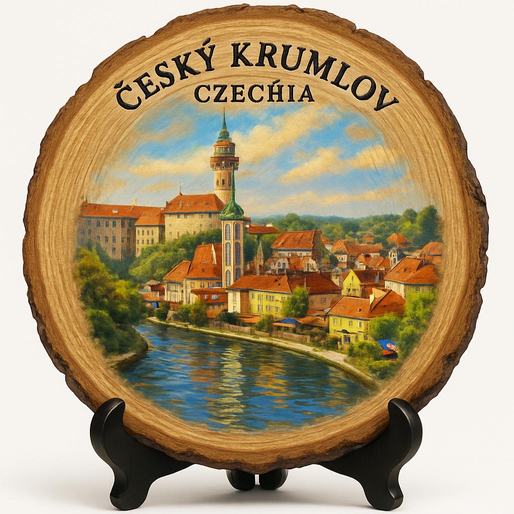Český Krumlov Souvenir Gift – Wood Slice Plaque for Wall or Table, Czechia Souvenir for Tourists, Plate Collectors & Travel Lovers, Vltava River Decorative Gift