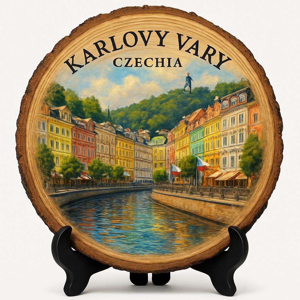Karlovy Vary Souvenir Gift – Wood Slice Plaque for Wall or Table, Czechia Souvenir for Tourists, Plate Collectors & Travel Lovers, Spa Town Decorative Gift