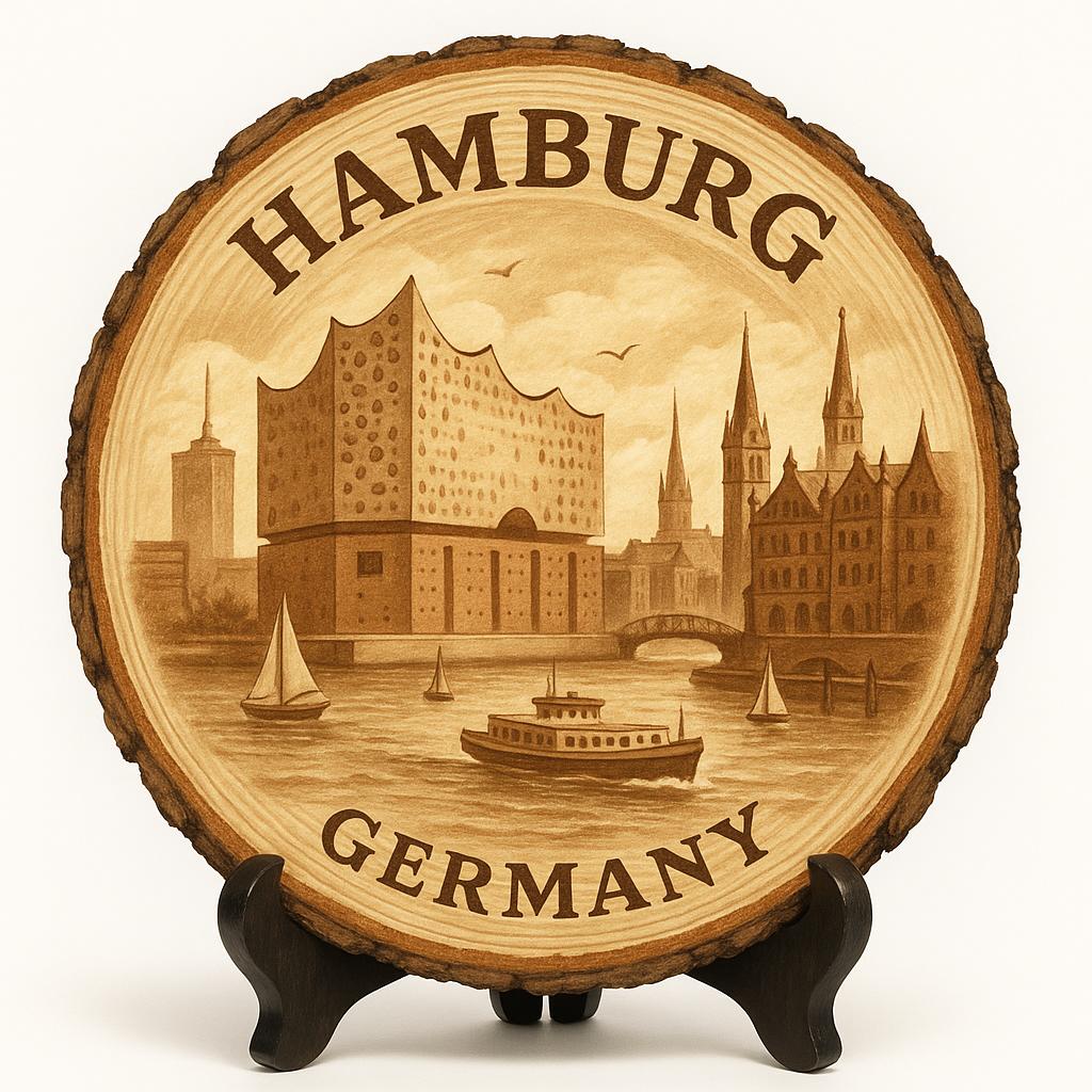 Hamburg Germany Travel Souvenir – Decorative Wooden Slice Plate for Display, Germany Keepsake for Collectors, Tourists & Home Décor Enthusiasts