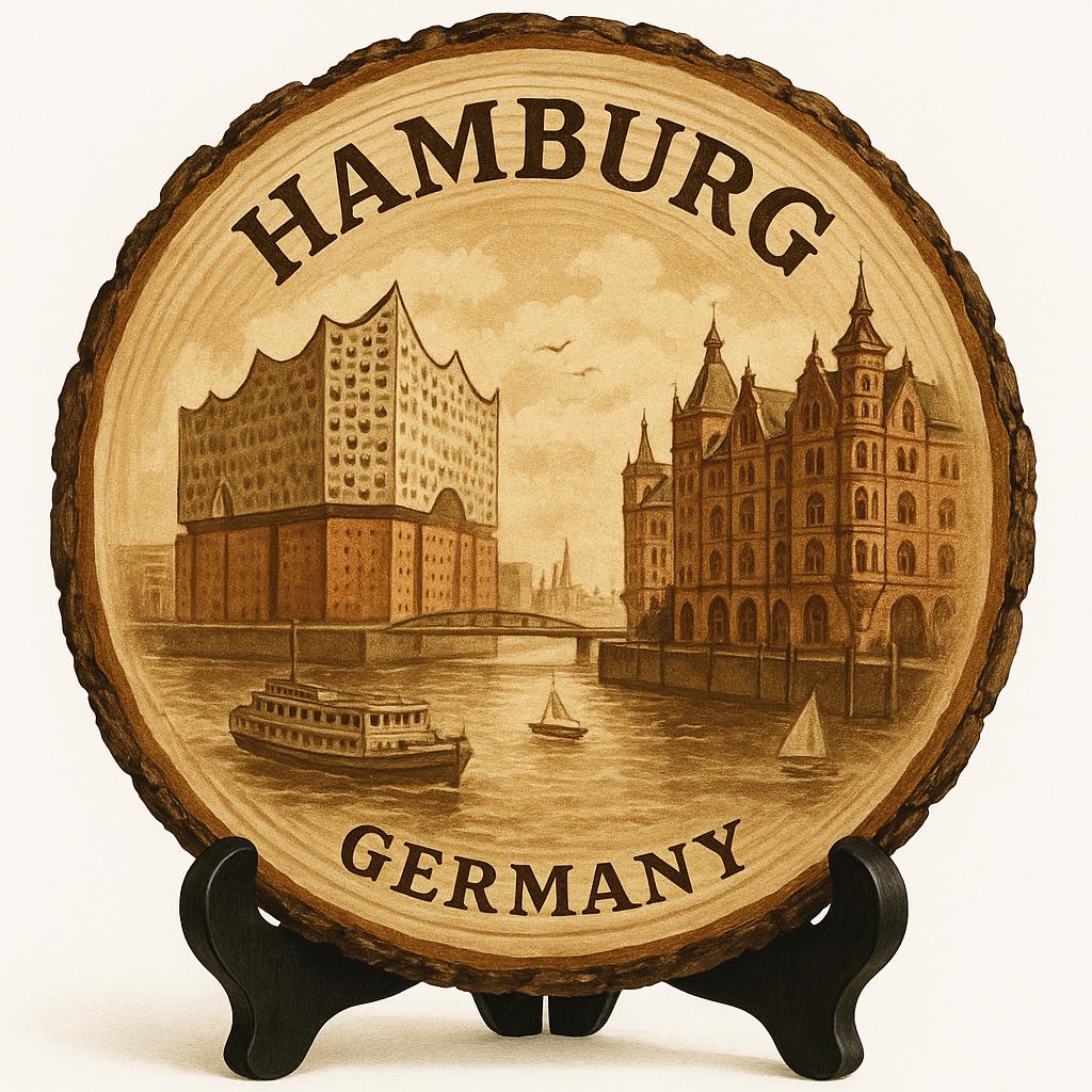 Hamburg Germany Wooden Plaque Souvenir – Artistic Wood Slice Keepsake, Germany Decorative Gift for Collectors, Tourists & World Travelers