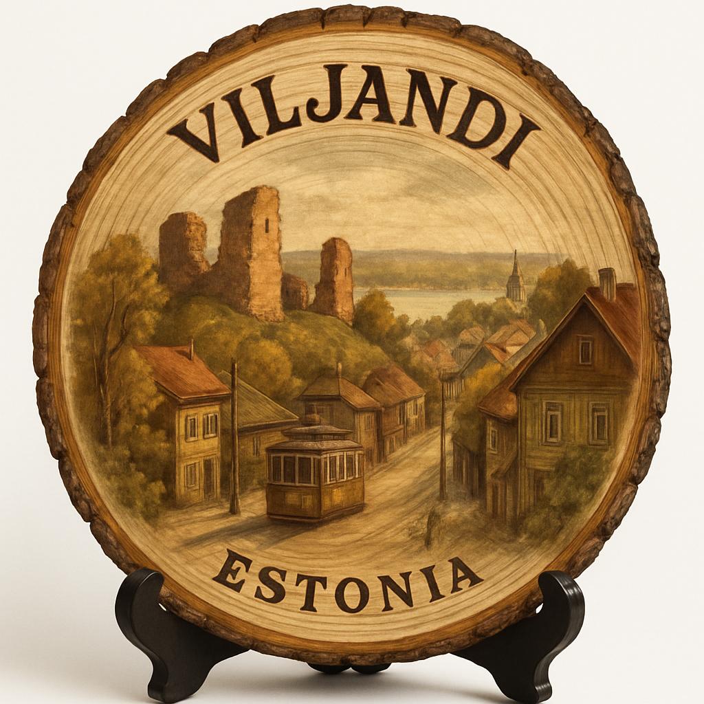 Viljandi Souvenir Gift – Wood Slice Plaque for Wall or Table, Estonia Souvenir for Tourists, Plate Collectors & Travel Lovers, Viljandi Castle Hills Decorative Gift