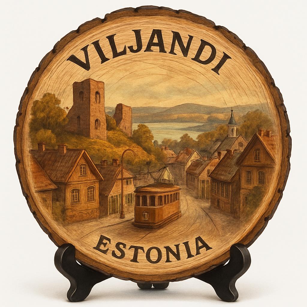 Viljandi Souvenir Gift – Wood Slice Plaque for Wall or Table, Estonia Souvenir for Tourists, Plate Collectors & Travel Lovers, Viljandi Suspension Bridge Decorative Gift