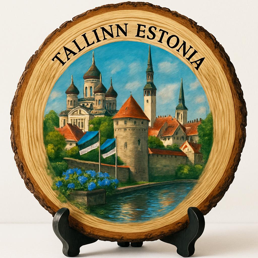 Tallinn Souvenir Gift – Wood Slice Plaque for Wall or Table, Estonia Souvenir for Tourists, Plate Collectors & Travel Lovers, Tallinn TV Tower Decorative Gift