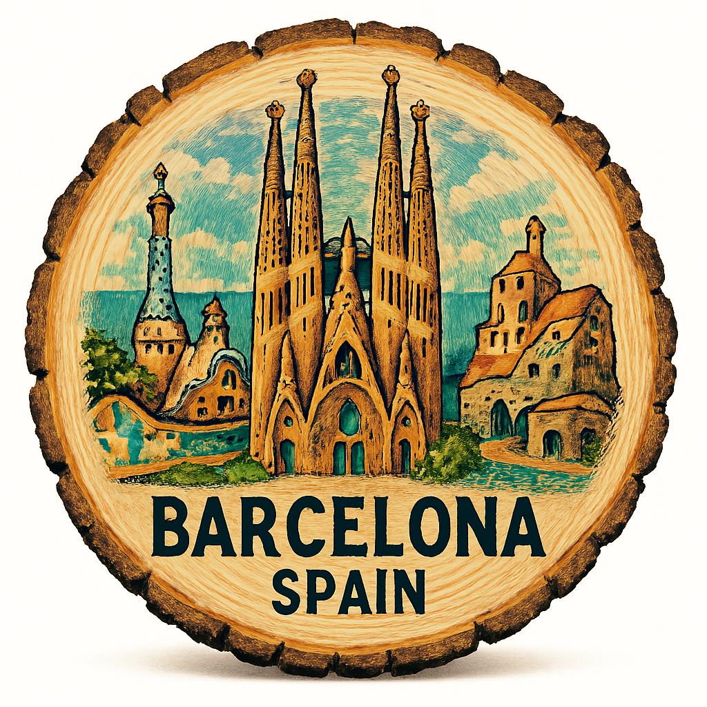 Barcelona Spain Souvenir Gift – Wood Slice Plaque for Wall or Table, Vintage Spanish Souvenir for Plate Collectors & Travel Lovers, Rustic Decorative Gift