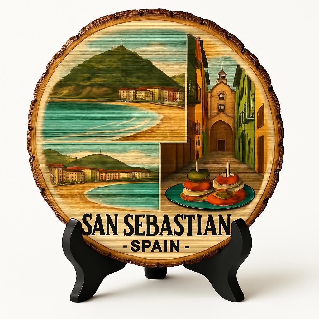 San Sebastian Spain Souvenir Gift – Wood Slice Plaque for Wall or Table, Vintage Spanish Souvenir for Plate Collectors & Travel Lovers, Rustic Decorative Gift
