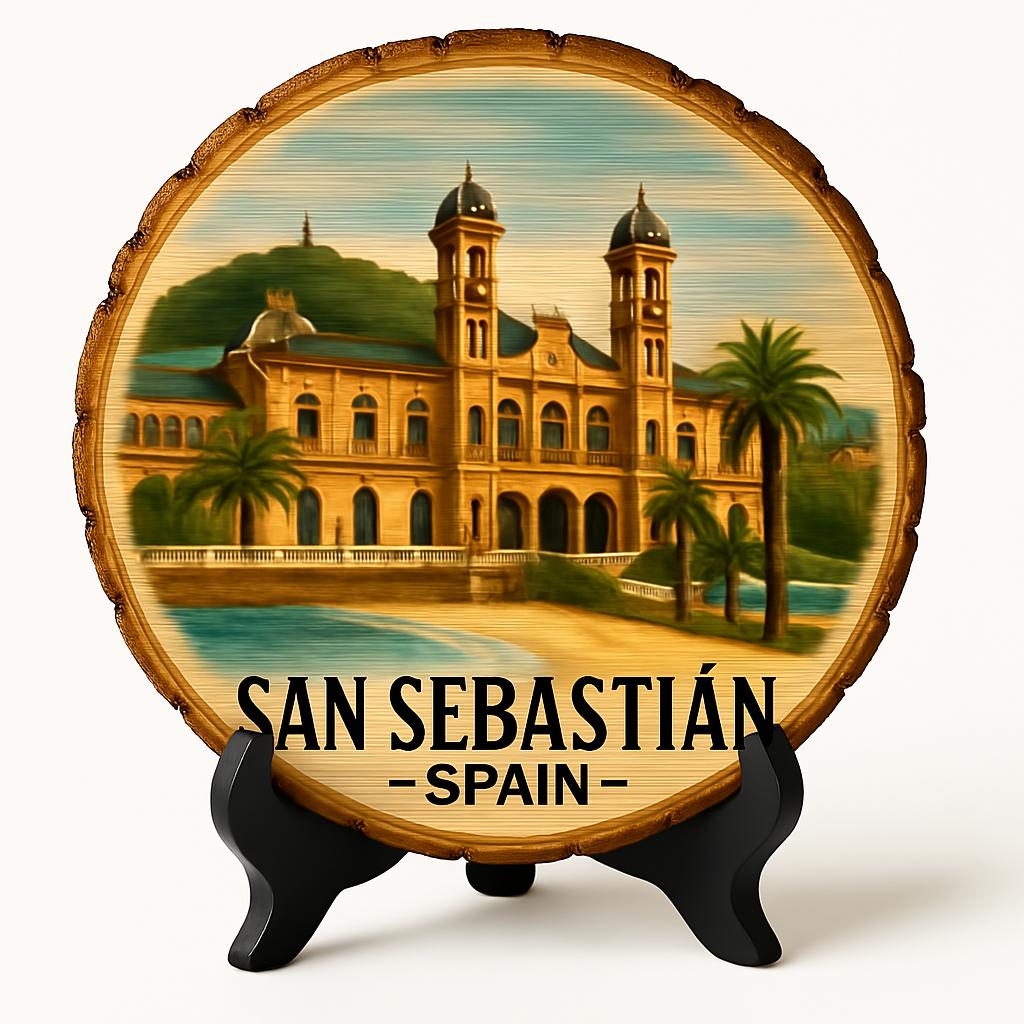San Sebastian Spain Souvenir Gift – Wood Slice Plaque for Wall or Table, Vintage Spanish Souvenir for Plate Collectors & Travel Lovers, Rustic Decorative Gift